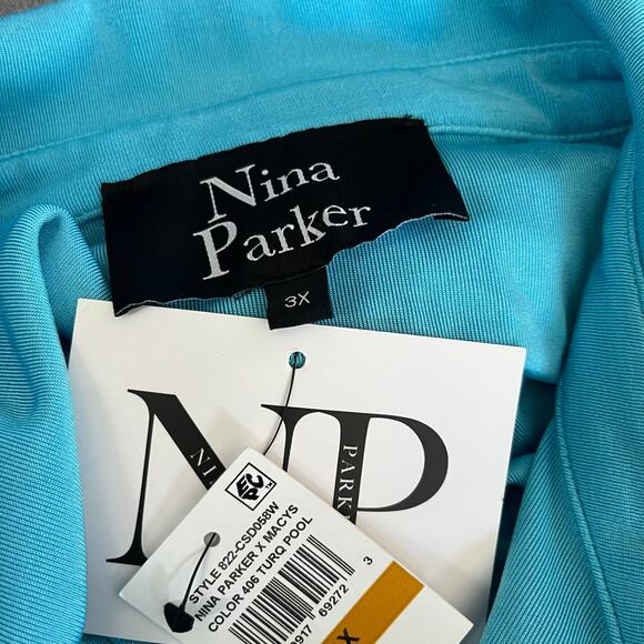 Nina Parker Tie-Front Collared Ruched Turquoise Blue Midi Dress Plus 3X NWT - Picture 4 of 13